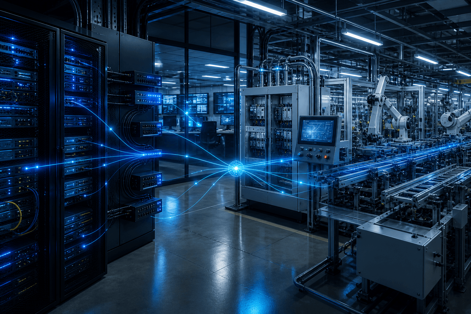 Infraestructura de red, sistemas de control y maquinaria automatizada conectados dentro de una planta industrial