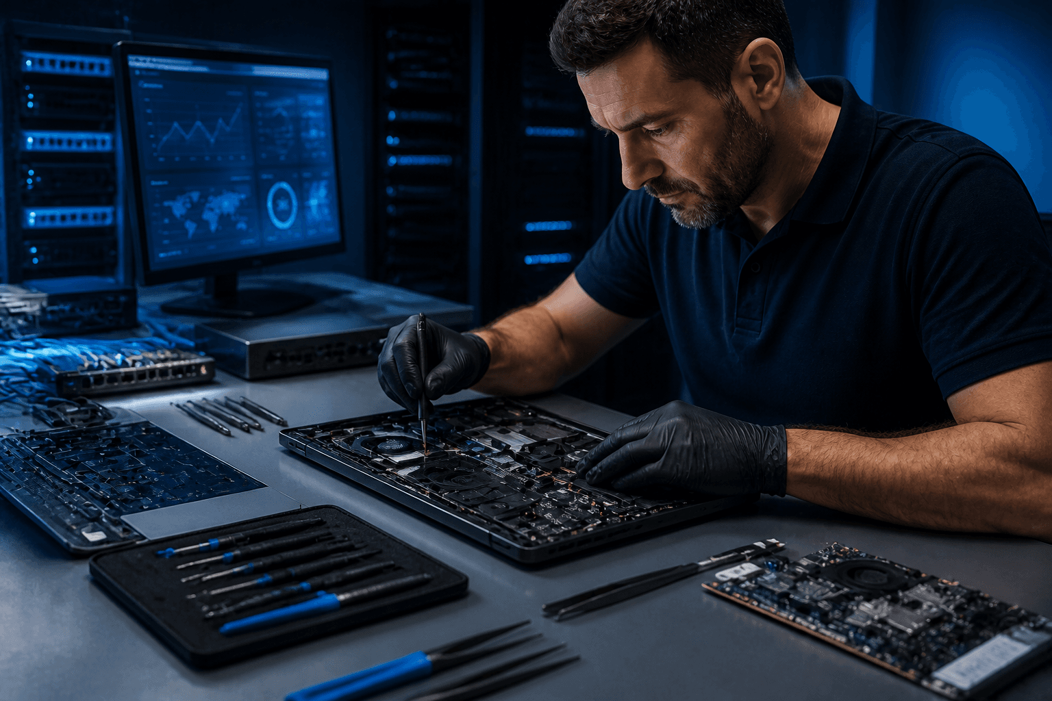 Técnico realizando diagnóstico y reparación de equipo tecnológico en un laboratorio profesional